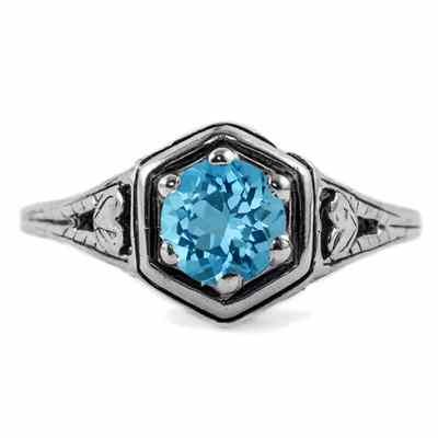 Heart Design Vintage Style Blue Topaz Ring in 14K White Gold -  - HGO-R012BTW