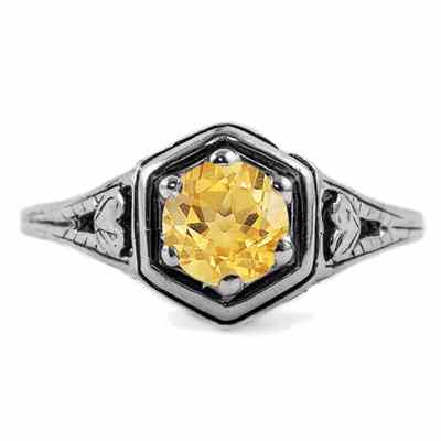 Heart Design Vintage Style Citrine Ring in 14K White Gold -  - HGO-R012CTW