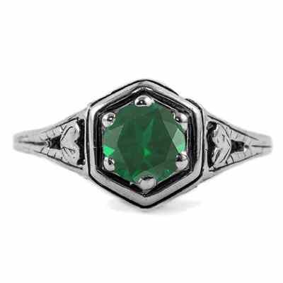Heart Design Vintage Style Emerald Ring in 14K White Gold -  - HGO-R012EMW