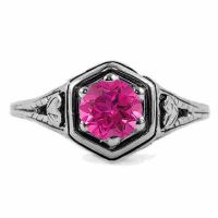 Heart Design Vintage Style Pink Topaz Ring in 14K White Gold