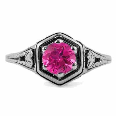 Heart Design Vintage Style Pink Topaz Ring in 14K White Gold -  - HGO-R012PTW