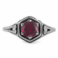 Heart Design Vintage Style Ruby Ring in 14K White Gold