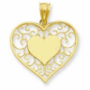 Heart in Heart Polished & Filigree Pendant, 14K Gold