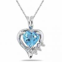 Heart Shape Blue Topaz & Diamond Pendant in 10K White Gold