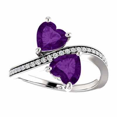 Heart Shaped Amethyst Two Stone Ring in Sterling Silver -  - STLRG-71779HAMCZSS