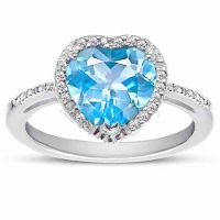 Heart Shaped Blue Topaz and Diamond Halo Ring in Sterling Silver