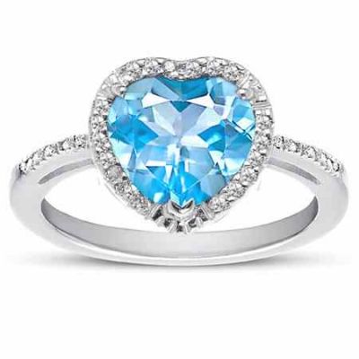 Heart Shaped Blue Topaz and Diamond Halo Ring in Sterling Silver -  - MK-RB3061ABTD