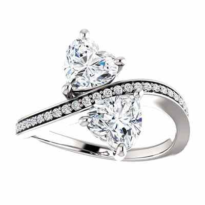 Heart Shaped CZ and Diamond  Only Us  Two Stone Ring in 14K White Gold -  - STLRG-71779HCZDW