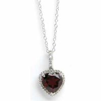 Heart-Shaped Garnet Gemstone and Diamond Halo Necklace Sterling Silver