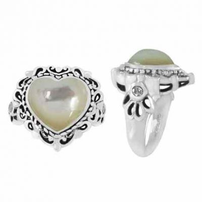 Heart-Shaped Mother of Pearl Ring in Silver -  - NRB-5092-WS-CZWH-R