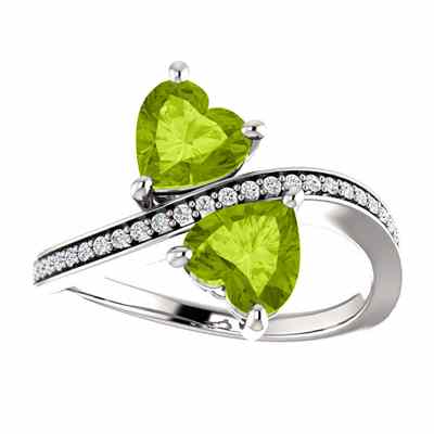 Heart Shaped Peridot Two Stone Ring in Sterling Silver -  - STLRG-71779HPDCZSS