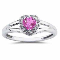 Heart Shaped Pink Topaz and Diamond Ring, 10K White Gold
