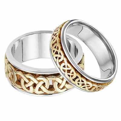 His and Hers Celtic Wedding Band Set in 14K Two-Tone Gold -  - CELTIC-EE7-SET