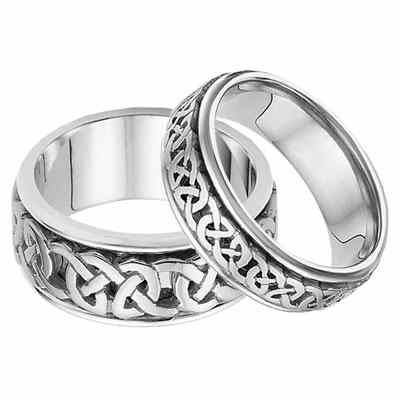 His and Hers Celtic Wedding Band Set in 14K White Gold -  - CELTIC-EE7W-SET
