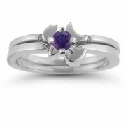 Holy Spirit Dove Amethyst Bridal Ring Engagement Set, 14K White Gold