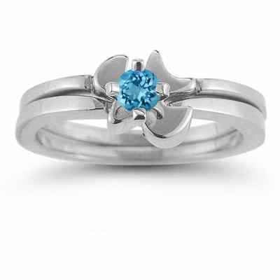 Holy Spirit Dove Blue Topaz Engagement Ring Set, 14K White Gold -  - AOGEGR-3014BTW