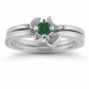 Holy Spirit Dove Emerald Engagement Bridal Ring Set, 14K White Gold