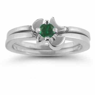 Holy Spirit Dove Emerald Engagement Bridal Ring Set, 14K White Gold -  - AOGEGR-3014EMW