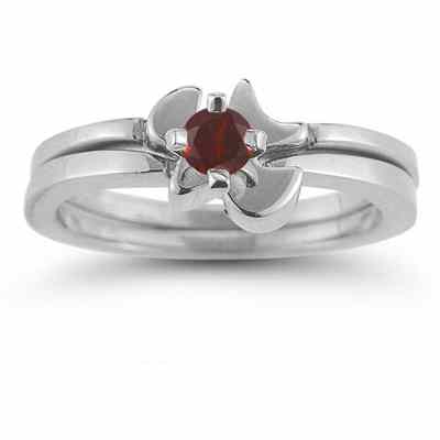 Holy Spirit Dove Garnet Engagement Bridal Ring Set, 14K White Gold -  - AOGEGR-3014GTW