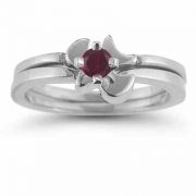 Holy Spirit Dove Ruby Engagement Ring Set, 14K White Gold