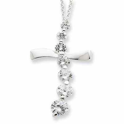 Journey Cubic Zirconia Cross Necklace in Sterling Silver -  - QGCR-QG2645-18