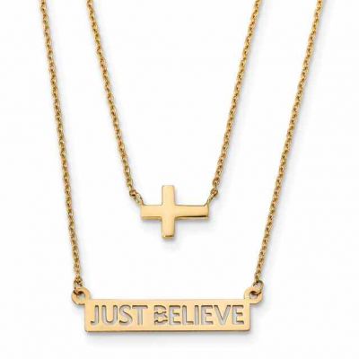 Just Believe Double-Strand Cross Necklace, 14K Gold -  - QGCR-SF2541-17