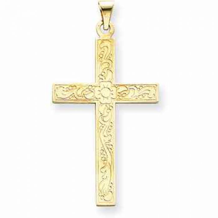 14K Yellow Gold 49mm x 25mm Floral Cross Pendant Religious