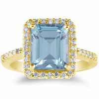Large 2.70 Carat Emerald-Cut Aquamarine/Diamond Ring, 14K Yellow Gold