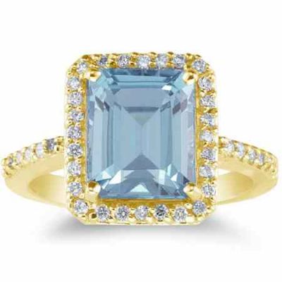 Large 2.70 Carat Emerald-Cut Aquamarine/Diamond Ring, 14K Yellow Gold -  - GEMAQ-8Y