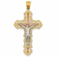 Large Adorned Crucifix Pendant with Heart Accents 14K Tri-Color Gold