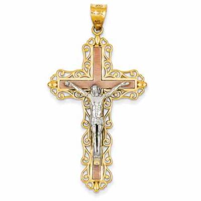 Large Adorned Crucifix Pendant with Heart Accents 14K Tri-Color Gold -  - QGCR-D3647