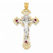 Large Crucifix Pendant in 14K Two Tone Gold with Red CZ