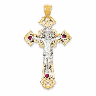 Large Crucifix Pendant in 14K Two Tone Gold with Red CZ -  - QGCR-C2034