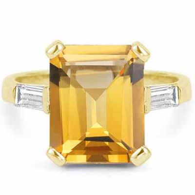 Large Emerald-Cut Citrine and Baguette Diamond Ring, 14K Yellow Gold -  - AOGRG-CT-1Y