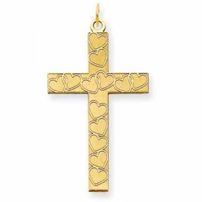 Large Laser Engraved Heart Cross Pendant in 14K Yellow Gold -  - QGCR-XR1092