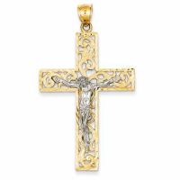 Large Paisley Design Crucifix Pendant, 14K Two-Tone Gold