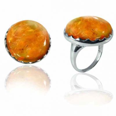 Large Round Amber Stone Ring in Sterling Silver -  - NRB-6132-AMB-R