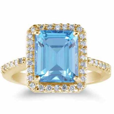 Large Swiss Blue 10mm x 8mm Topaz/Diamond Cocktail Ring, Yellow Gold -  - GEMBLT-1Y