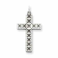 Laser-Etched Floral Sterling Silver Cross Pendant