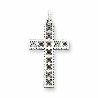Laser-Etched Floral Sterling Silver Cross Pendant -  - QGCR-QXR110