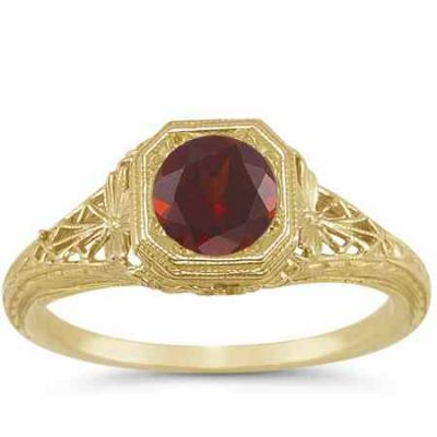 Latticed Antique-Style Filigree Deep Red Garnet Ring 14K Yellow Gold -  - HGO-R93GTY