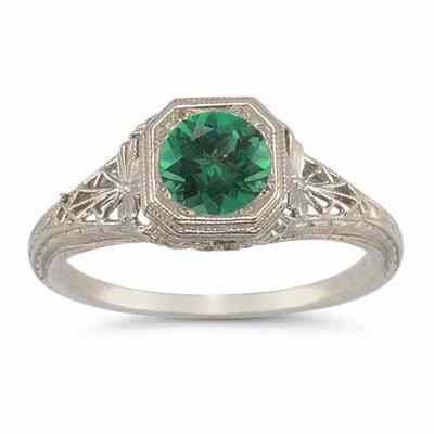 Latticed Vintage-Style Filigree Emerald Ring in 14K White Gold -  - HGO-R93EM