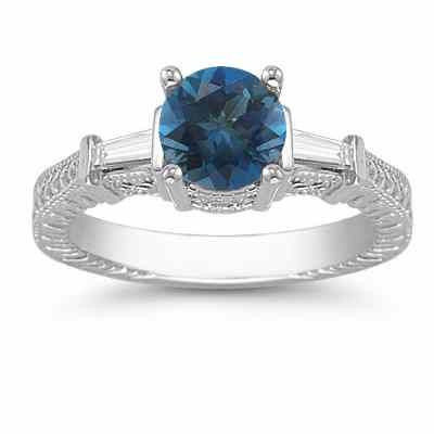 London Blue Topaz and Baguette Diamond Engagement Ring, 14K White Gold -  - AOGRG-7-LBT