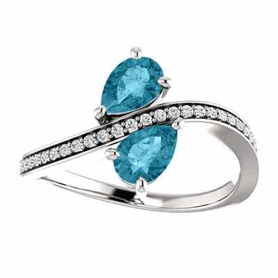 London Blue Topaz and Diamond 2 Stone Ring, 14K White Gold -  - STLRG-71779OVLBTDW