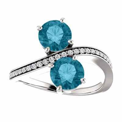 London Blue Topaz and Diamond Two Stone Ring in 14K White Gold -  - STLRG-71779LBTDW