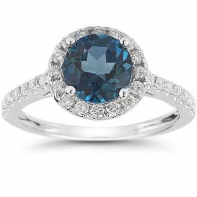 London Blue Topaz and Diamond Halo Gemstone Ring in 14K White Gold -  - RXP-DR-21591LBT