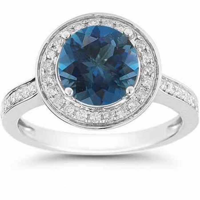 Rings : London Blue Topaz and Diamond Halo Ring in 14K White ...