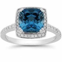 London Blue Topaz and Pave Diamond Halo Ring in 14K White Gold
