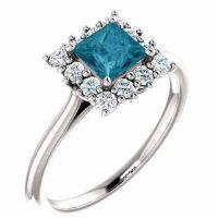 London Blue Topaz Princess-Cut and Diamond Halo Ring, 14K White Gold