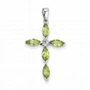 Marquis Peridot and Diamond Cross Pendant in Sterling Silver
